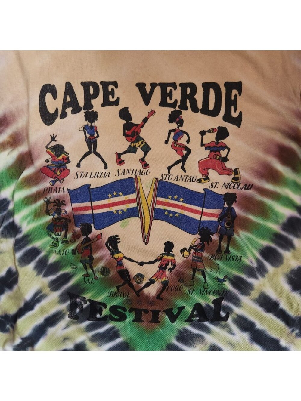Vintage Cape Verde Festival T-Shirt Oneita Power-T Single Stitch Tie Dye 90s L